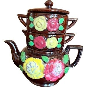 Stacking teapot set, vintage red ware glazed pottery, marked Japan, no chips